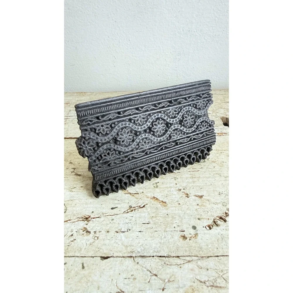 Vintage India Hand Carved Wooden Block Stamp Floral Border Textile Print Tool